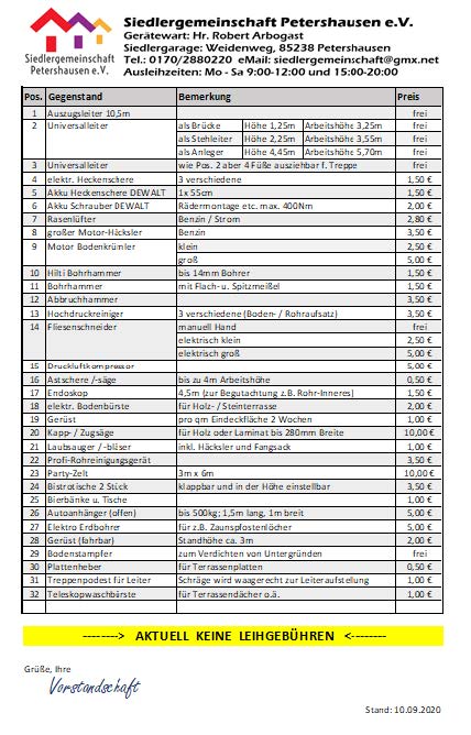 Leihgeräte Liste